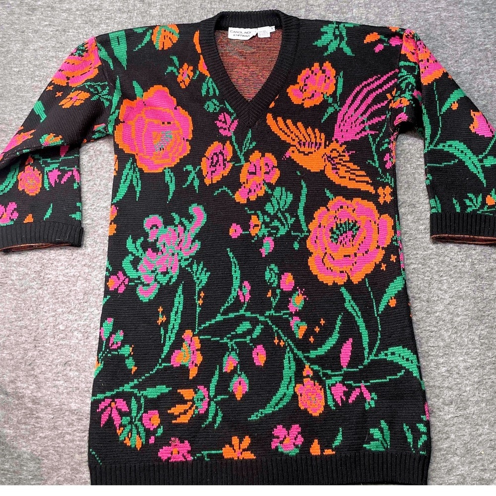 Vintage Carol Horn‎ Knitware Sweater Women Small Black Floral Bird Winter Retro
